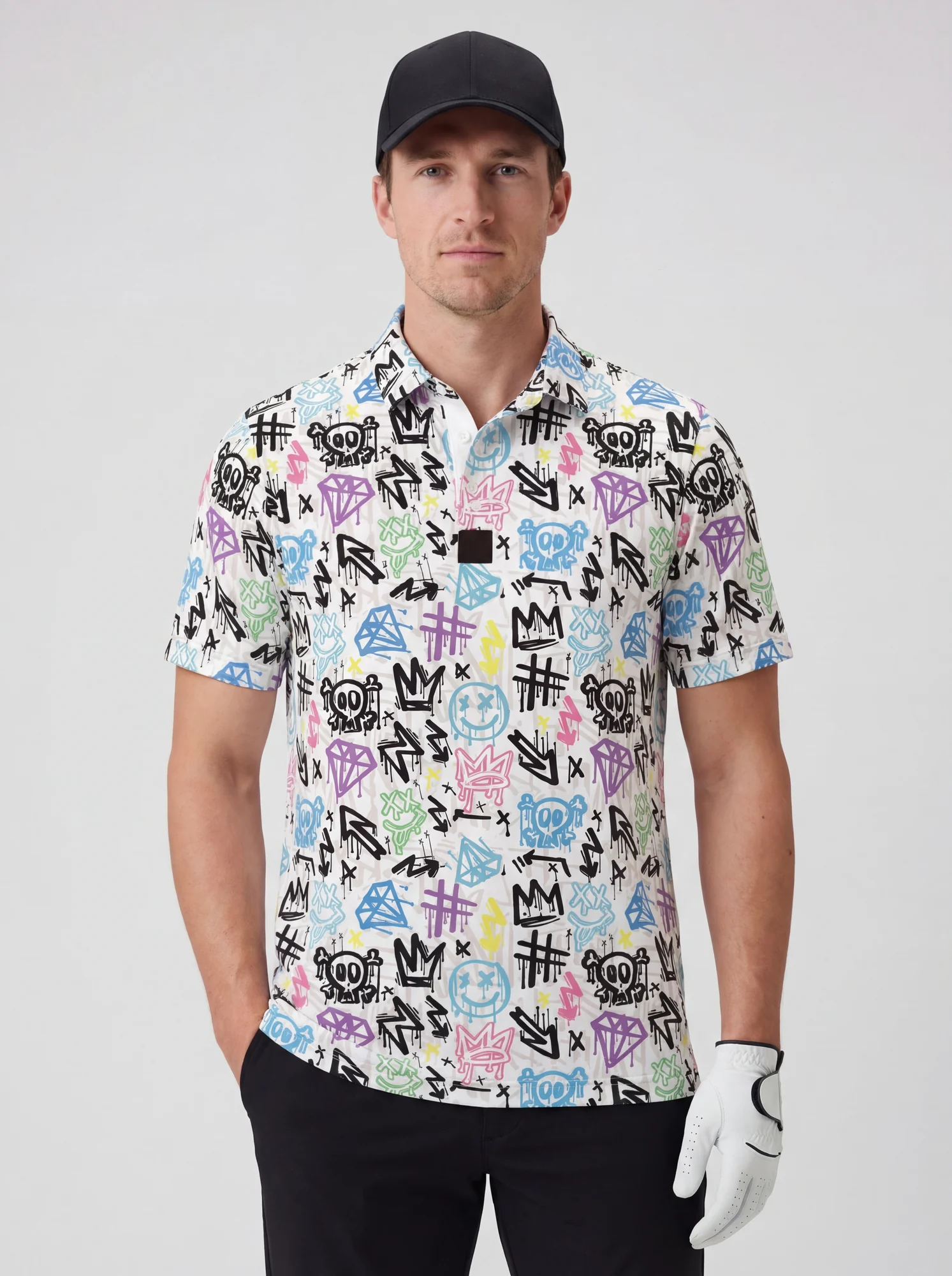 Men's pastel graffiti symbol print polo in white / black / blue / pink / purple, front view