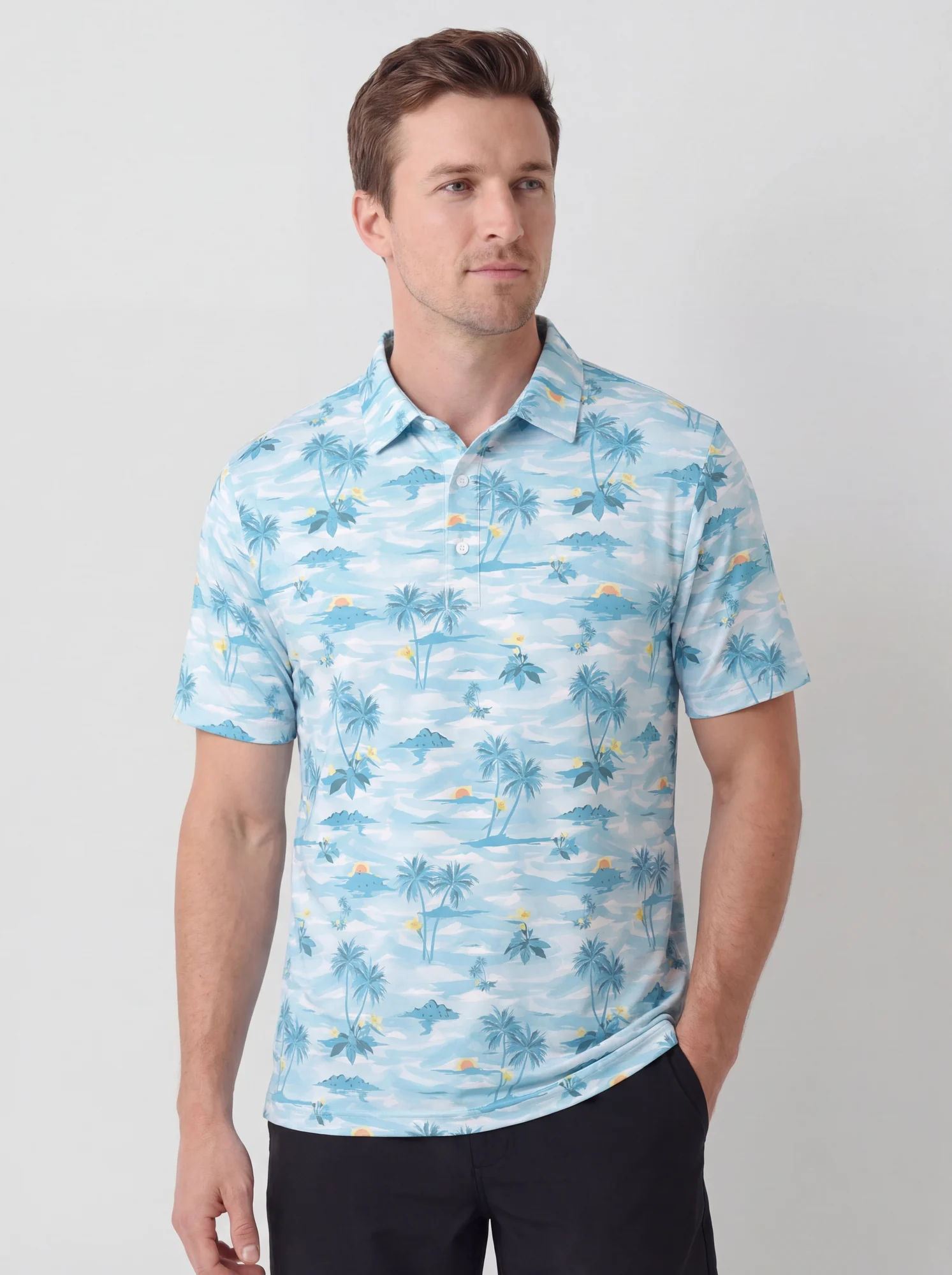 Men's aqua watercolor abstract polo in white / aqua / blue, front view