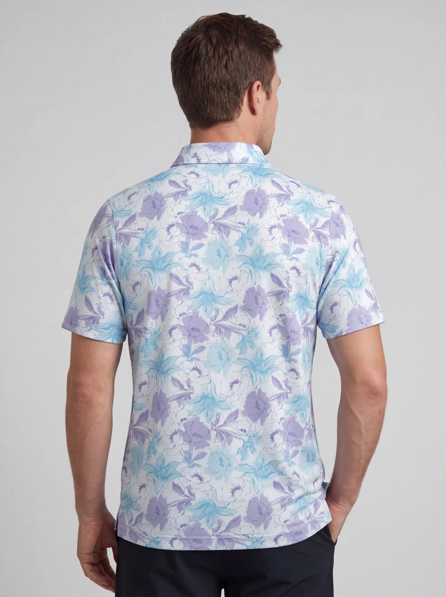 Men's aqua & lilac botanical polo in white / aqua / lilac, back view