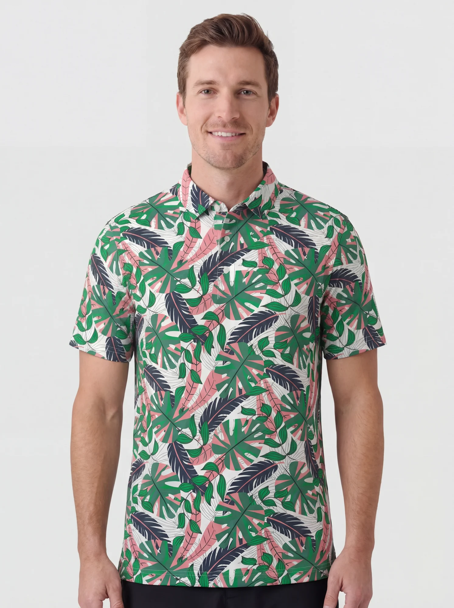 Men's green tropical foliage polo in white / green / pink, front view