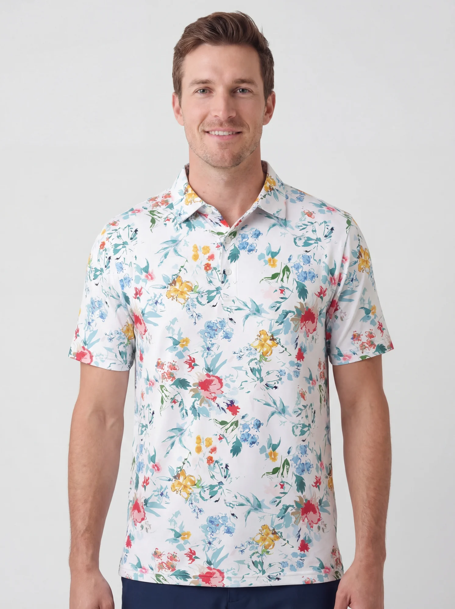 Men's multicolor botanical garden polo in white / blue / red / yellow / green, front view