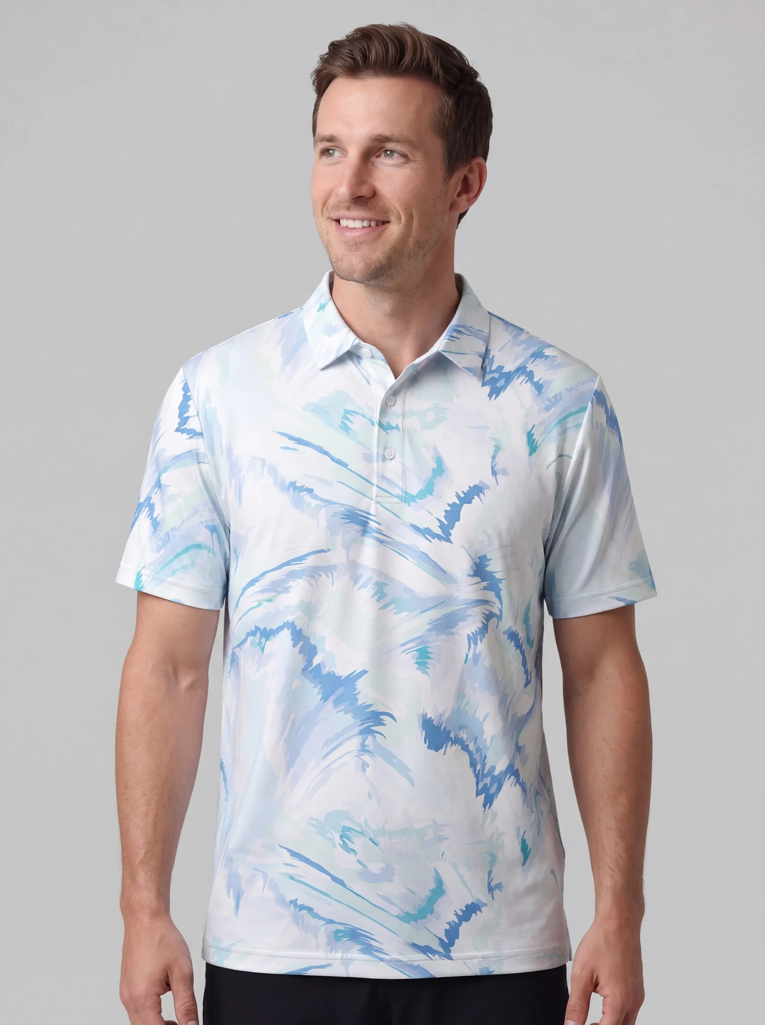 Men's blue marble swirl print polo in white / blue / aqua, front view