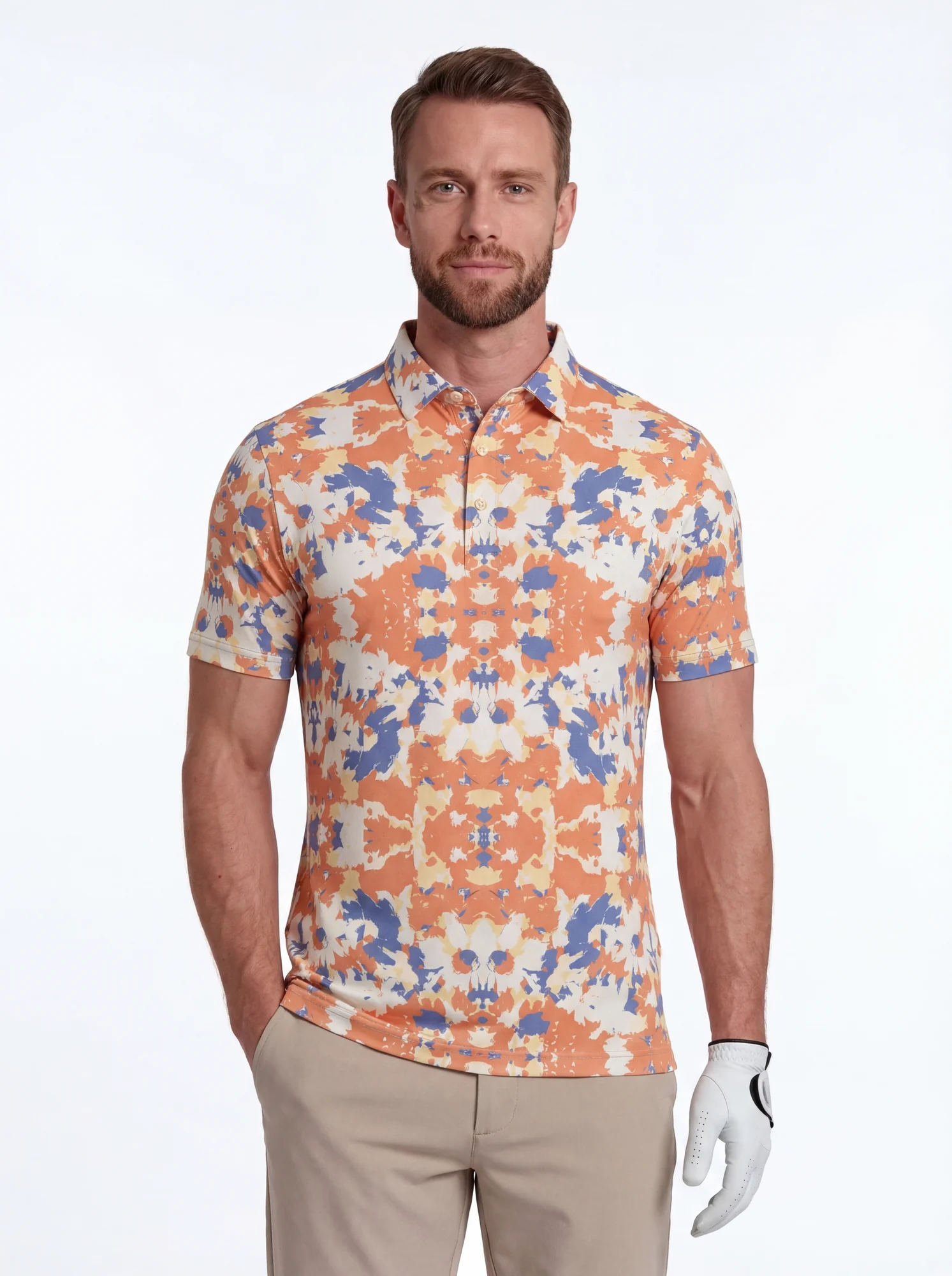 Men's orange & blue kaleidoscope print polo in orange / blue / cream, front view