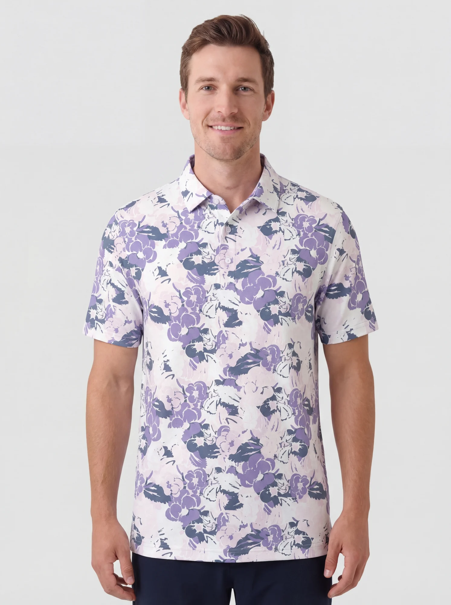 Men's purple watercolor floral polo in white / purple / lilac, front view