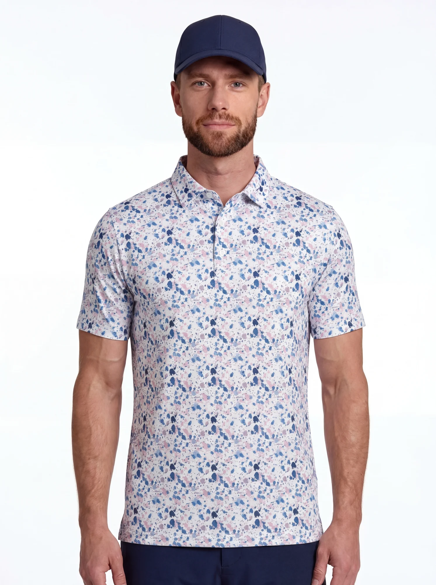 Men's blue micro abstract print polo in white / blue / pink, front view