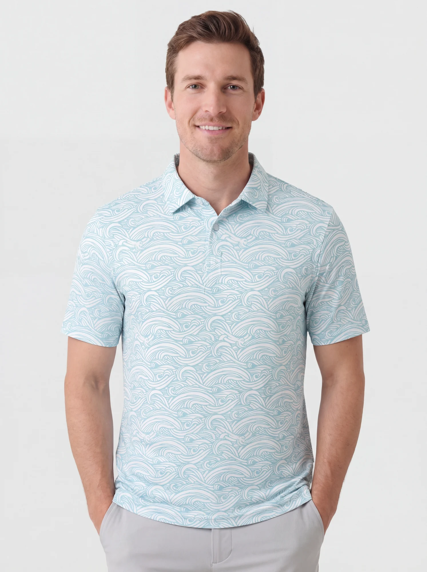Men's aqua wave line print polo in aqua / white, front view