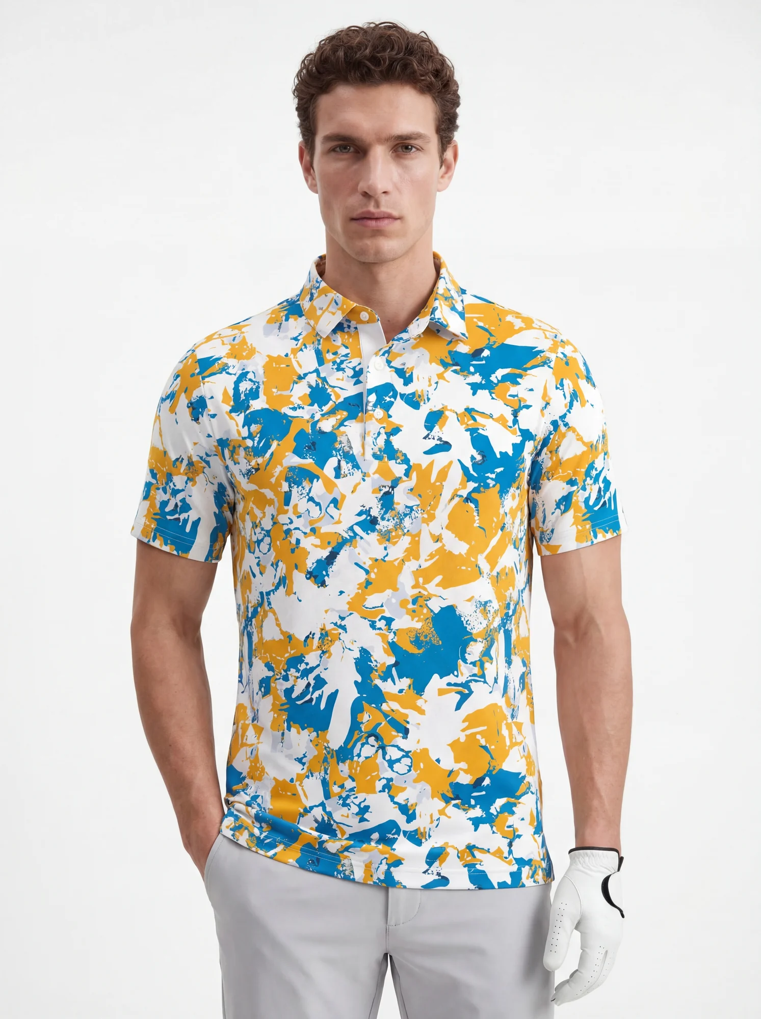 Men's blue & gold botanical print polo in white / blue / golden yellow, front view