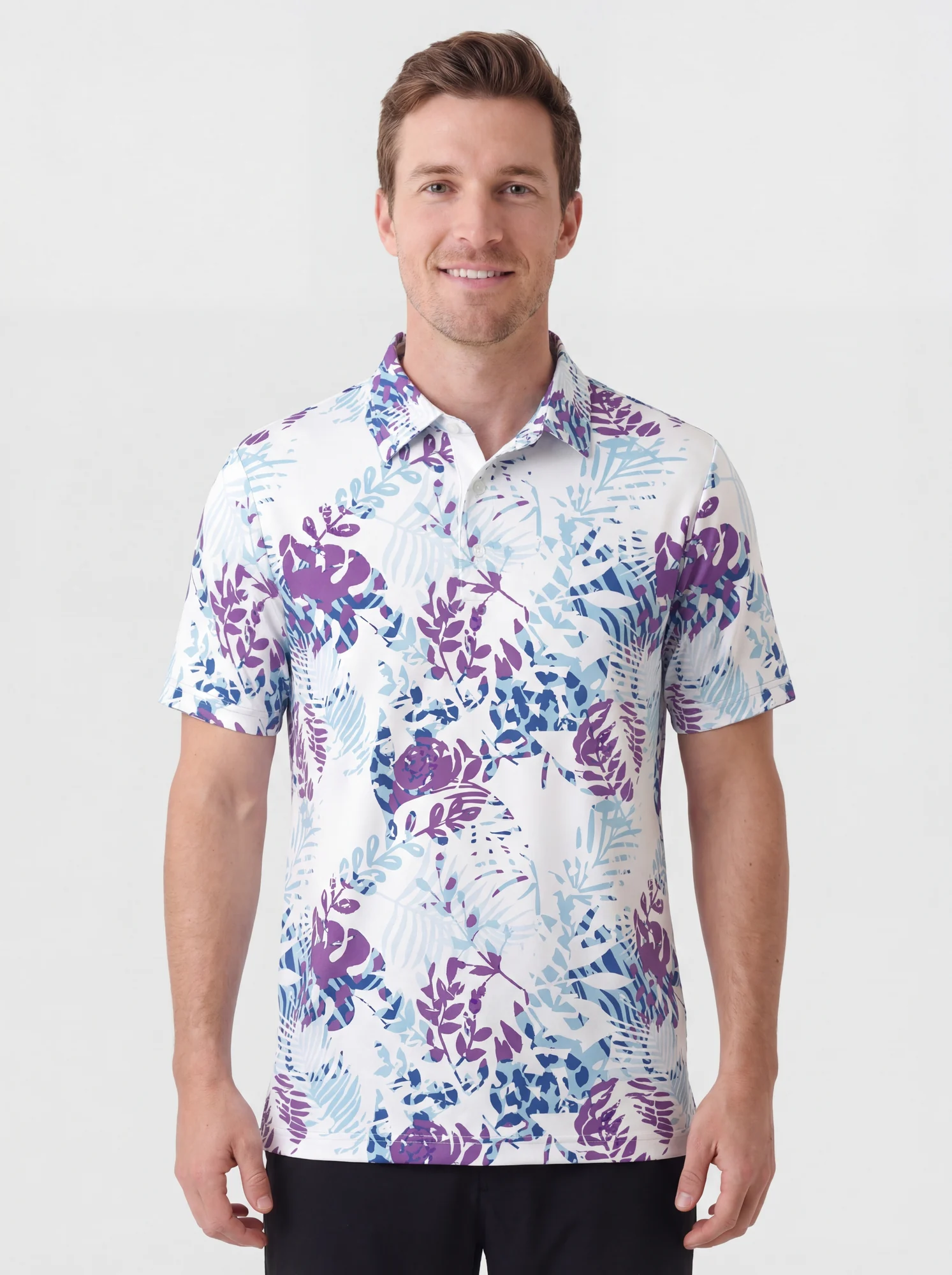 Men's purple tropical botanical polo in white / purple / blue / aqua, front view