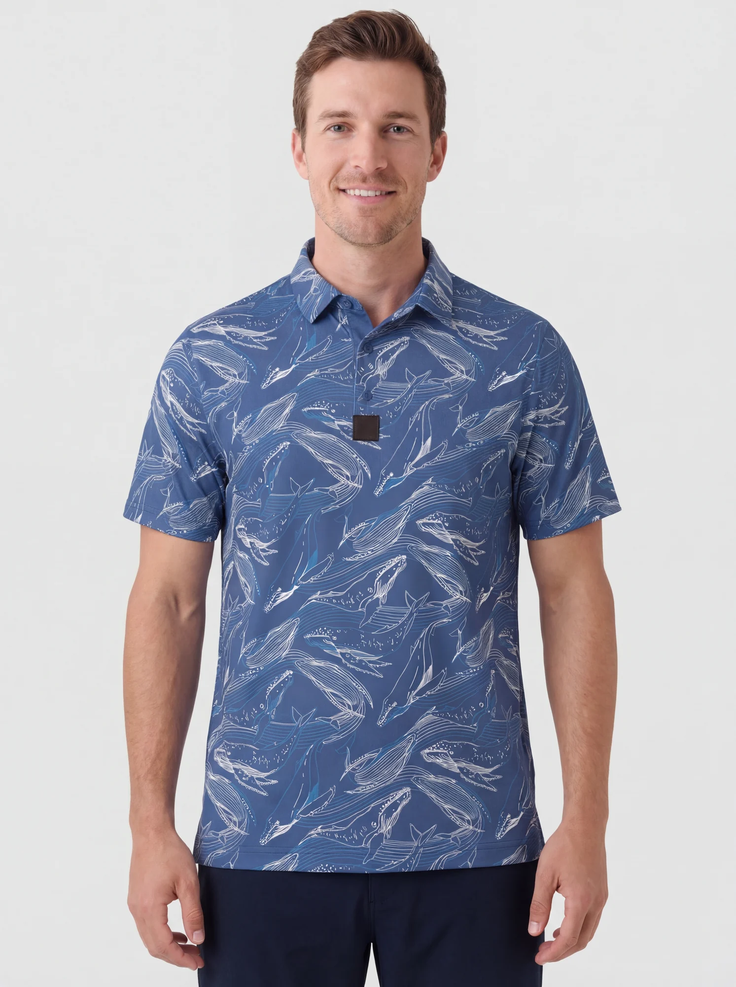 Men's navy leaf sketch print polo in navy / light blue, front view