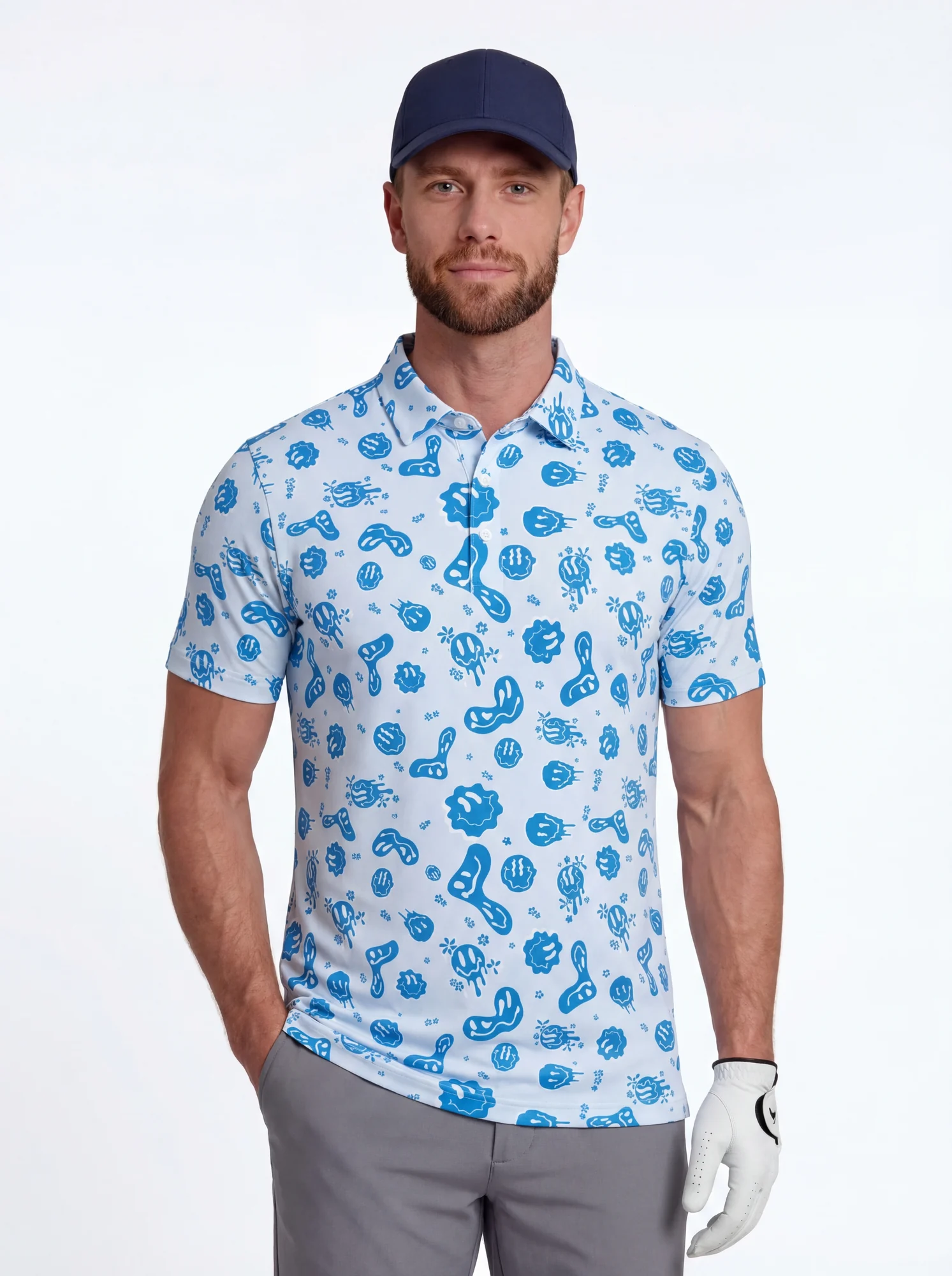 Men's blue doodle print polo in light blue / blue, front view