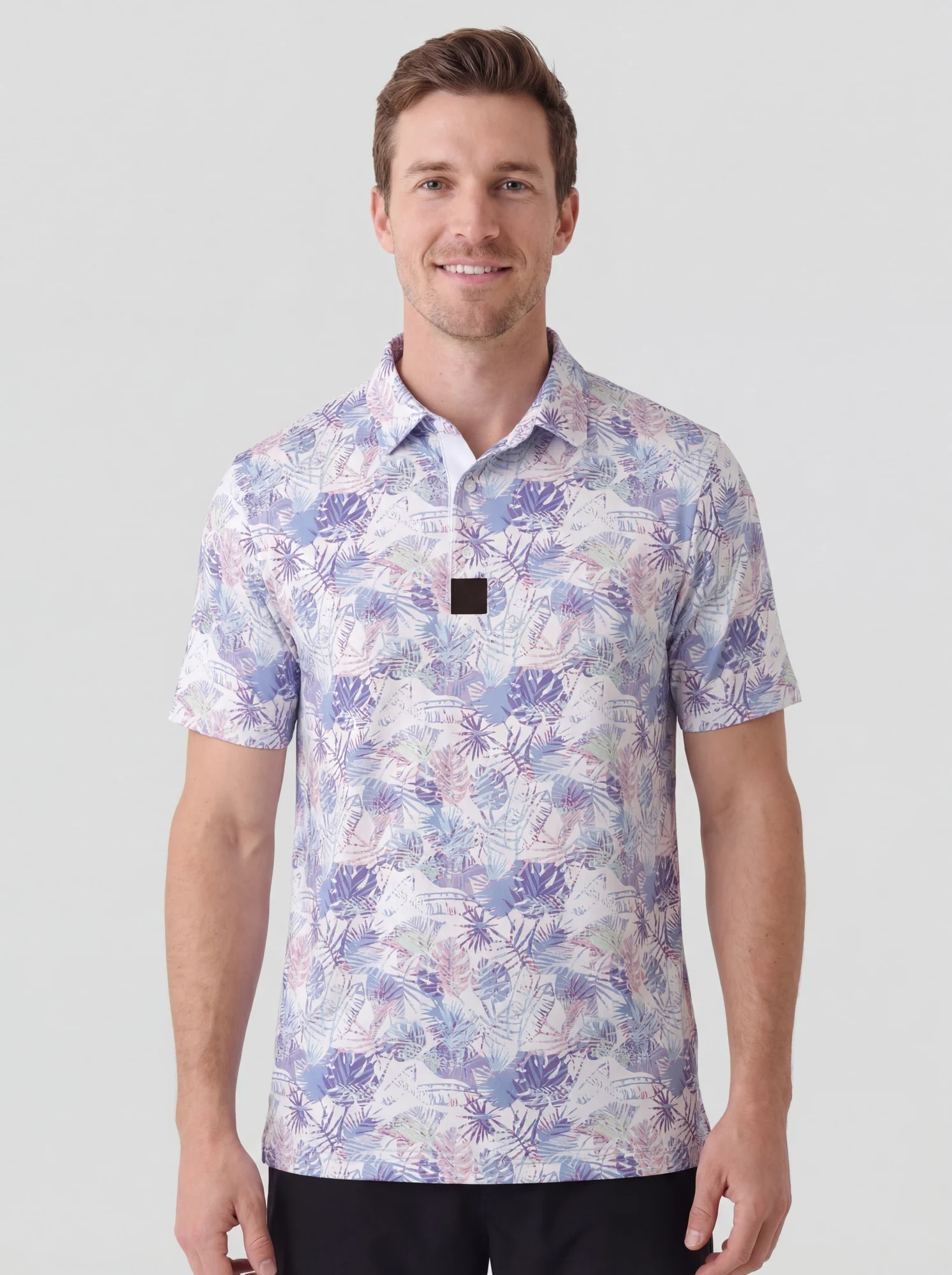 Men's blue & lilac floral cluster polo in white / blue / lilac, front view