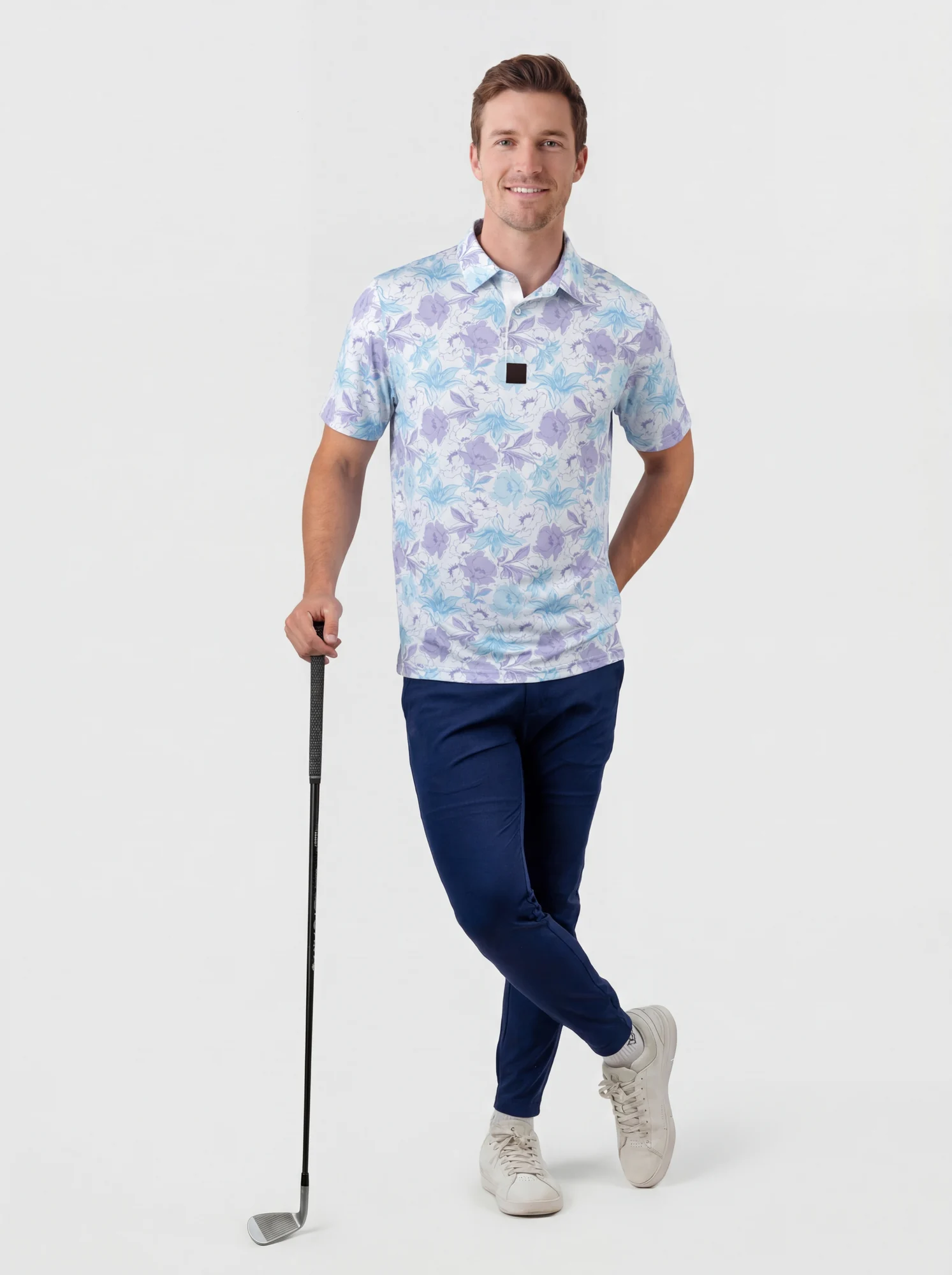 Men's aqua & lilac botanical polo in white / aqua / lilac, full-length styling view