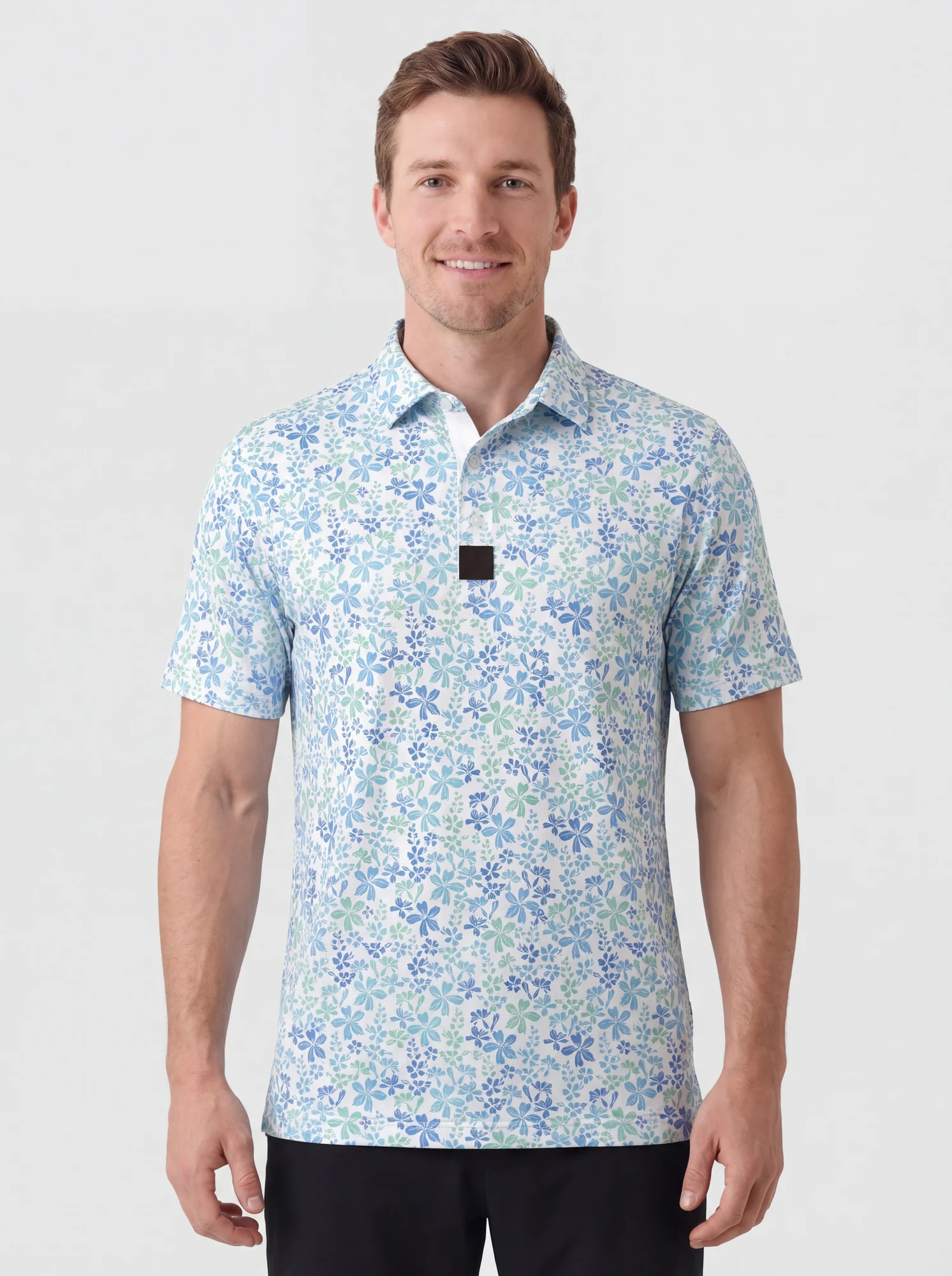 Men's blue & mint ditsy floral polo in white / light blue / mint, front view
