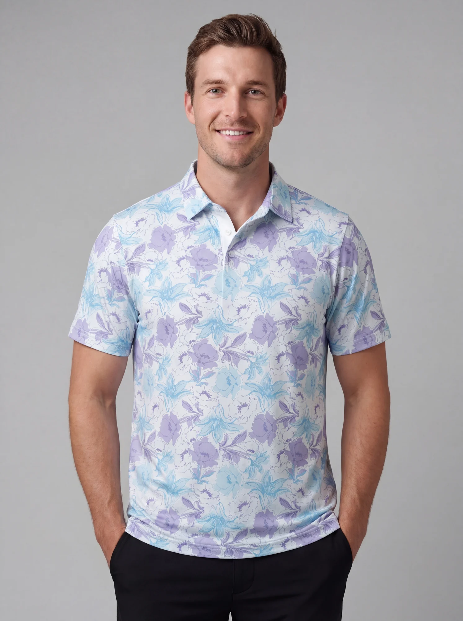 Men's aqua & lilac botanical polo in white / aqua / lilac, front view