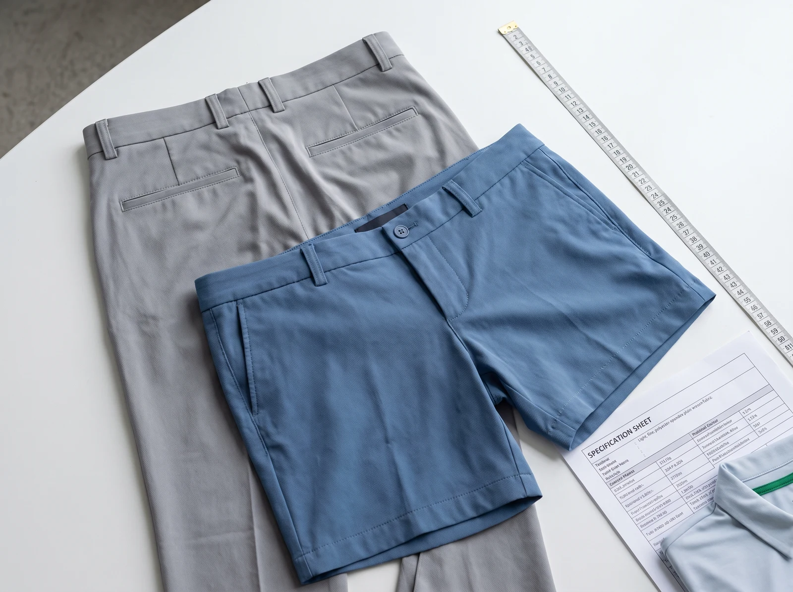 Lightweight polyester-elastane plain-weave golf trousers and shorts with development specifications