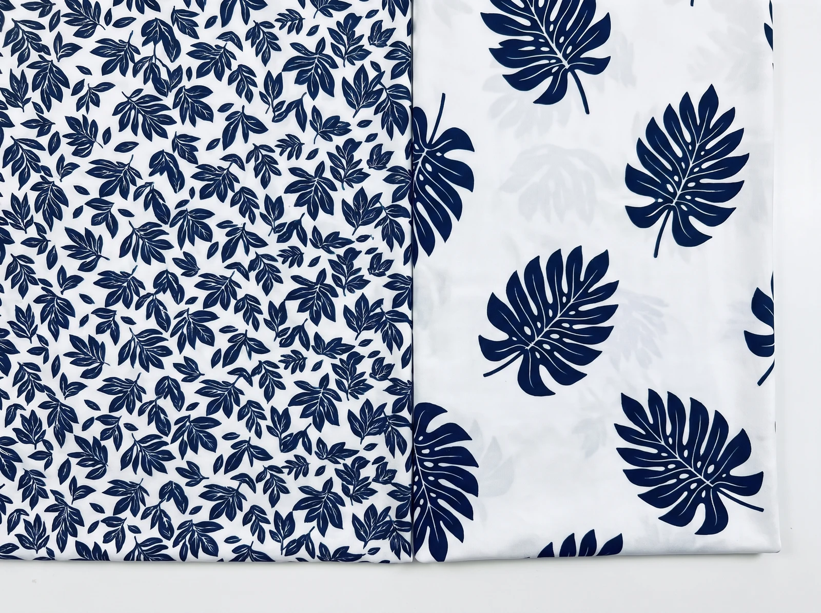 Two fabric print trials comparing smaller and larger repeat motifs