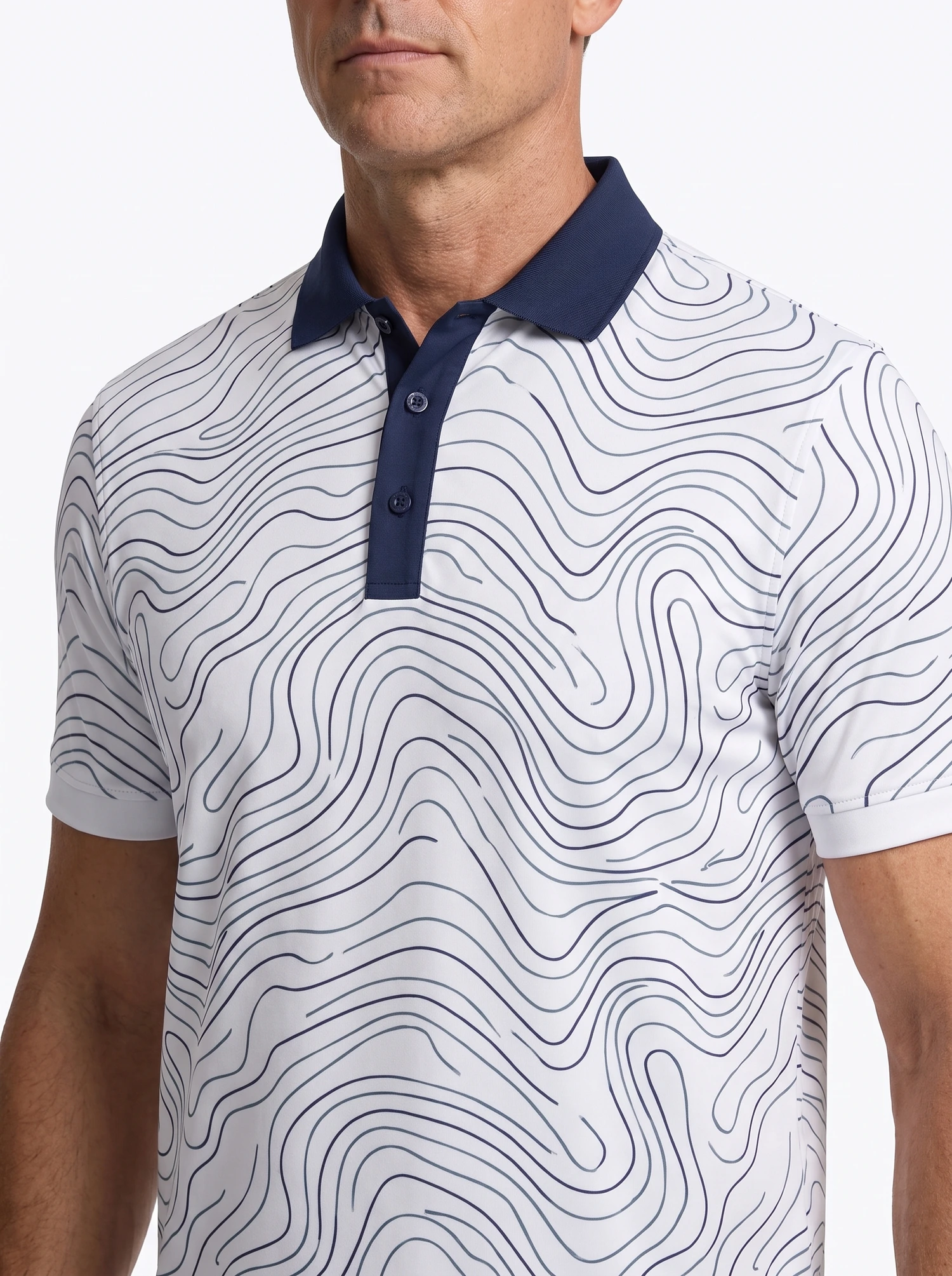 Contour Print Polo — studio construction detail